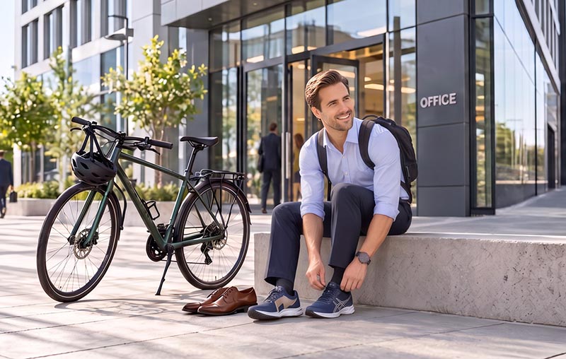 Mann mit Fahrrad vor einem Bürogebäude